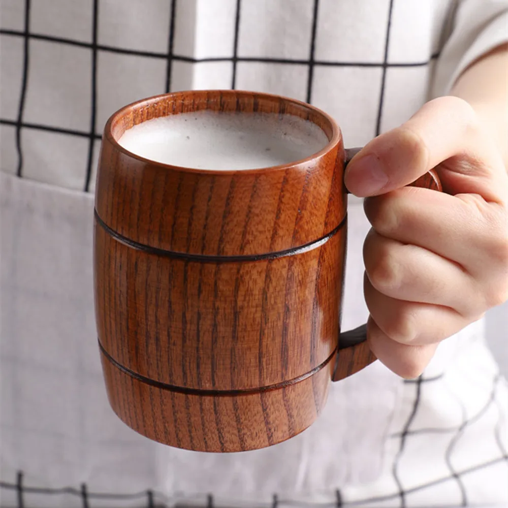 320ml Large Wooden Cups with Handle Chinese Style Wood Mug Coffee Milk Wine Beer Teacup Drinking Tumbler Drinkware Wholesale