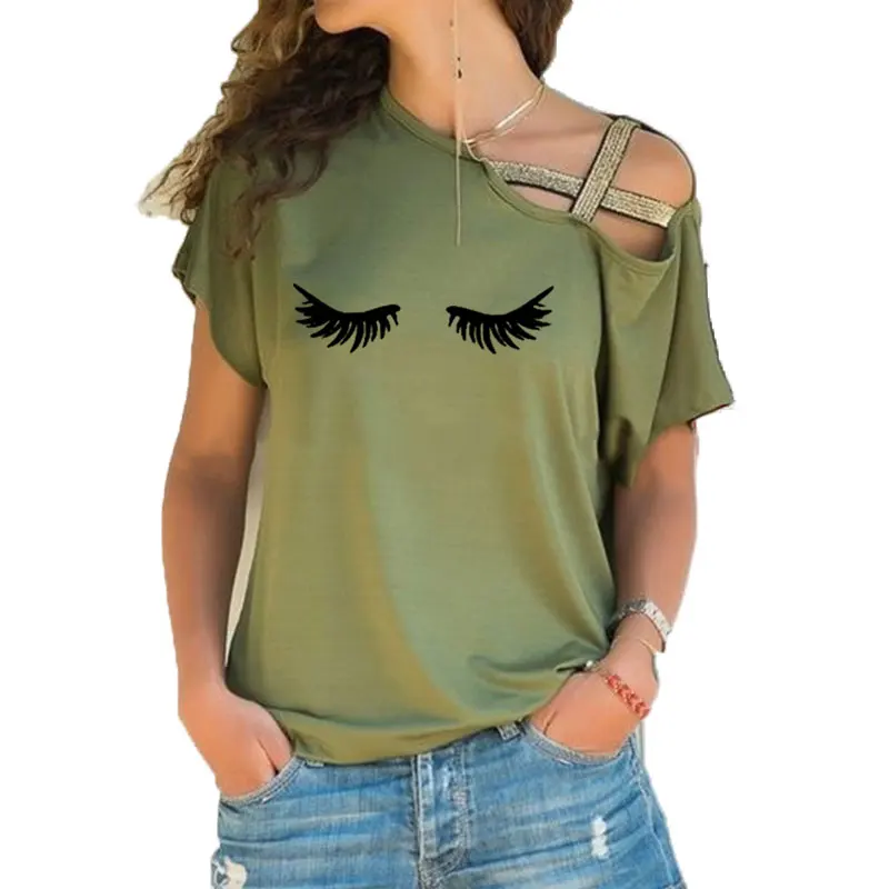 Women T Shirt Eyelashes Makeup Lashes Mascara Shirt Lover Gift T-shirt Nap Queen Graphic Irregular Skew Cross Bandage Tops Tee