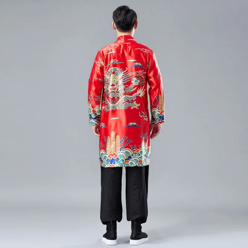 2020 Spring Chinese Style Men Printing Pattern dragon Long Slim Fit Lapel Casual Trench Outerwear Male Robe Runway Coats