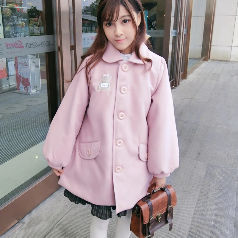 Japanese soft sister bear doll collar pink bubble sleeve coat jacket  kawaii girl gothic lolita college style fashion coat