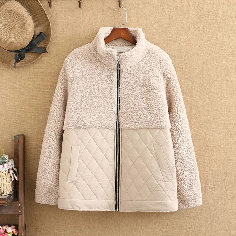 Plus Size Women Cotton-Padded Jacket Winter Short Lightweight Jacket Stand-Up Collar Hoodless Long-Sleeved Quilted Plush Jacket