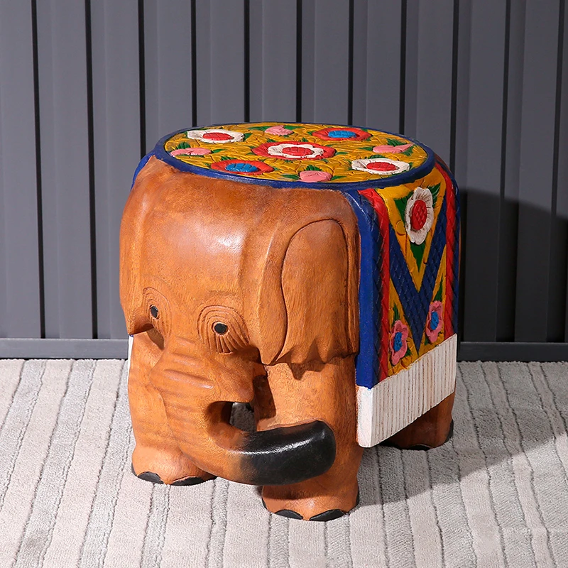 Southeast Asian Style Elephant Low Stool Thai Solid Wood Shoe Changing Stool Round Stool Living Room Furniture Wood Seat Pier