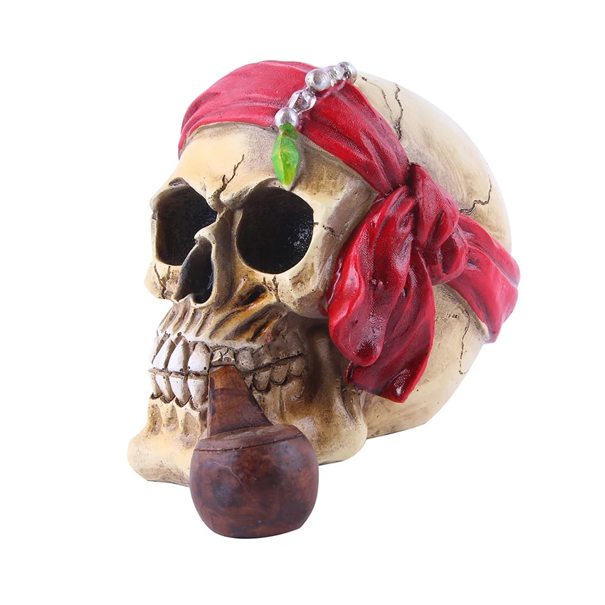 Skull Head Collectible Halloween Skeleton Decoration Figurine with Pipe Skull Resin Statue Head Skeleton Ornament