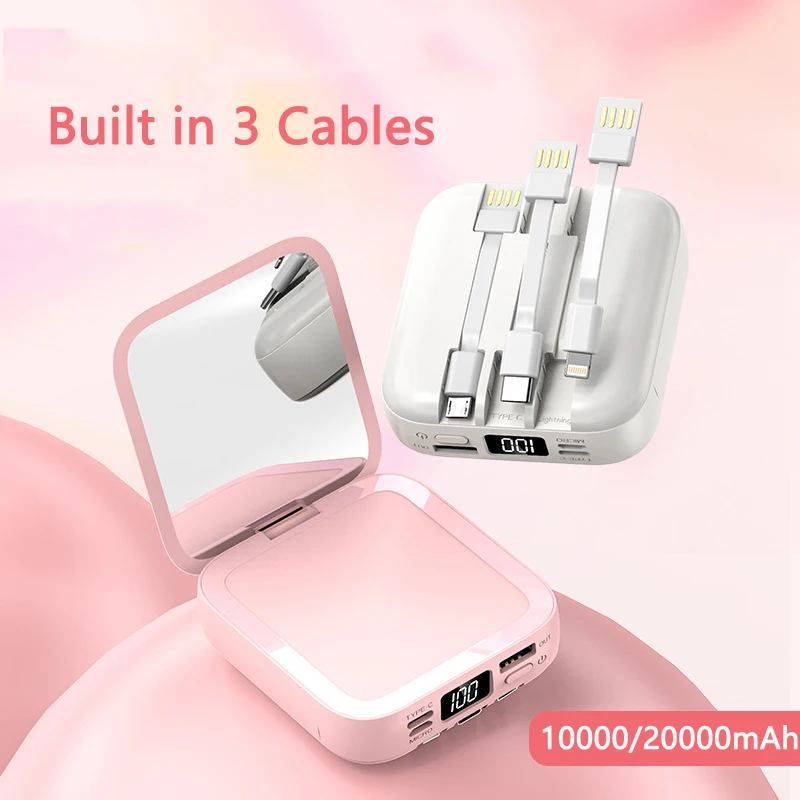 

20000mAh Mini Power Bank Built in Cable Portable Charger Makeup Mirror Powerbank External Battery Pack Power Bank Mini Poverbank