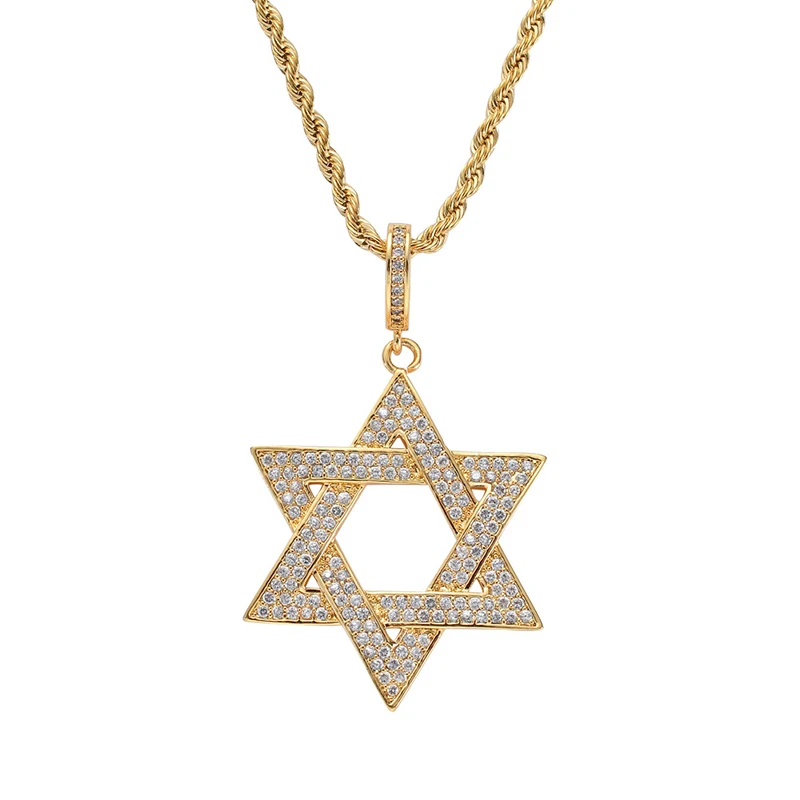 

Hip Hop CZ Stone Paved Bling Iced Out Jewish Star of David Hexagram Pendants Necklace for Men Rapper Jewelry Gold Silver Color