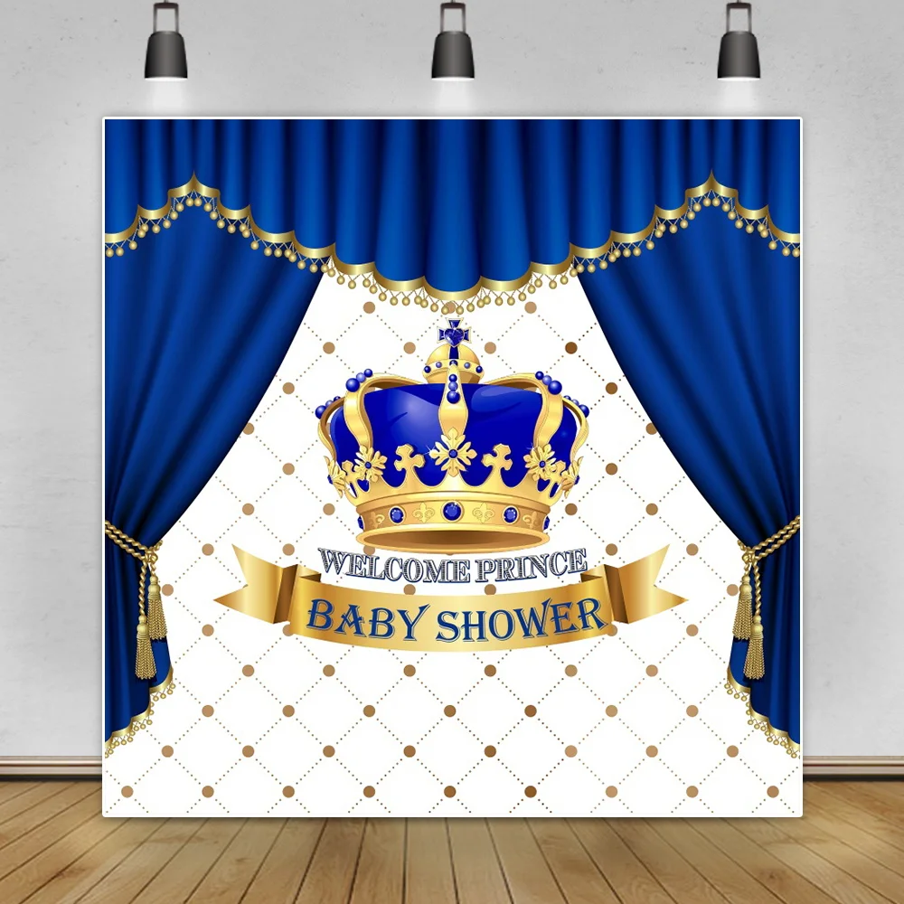 Prince Birthday Party Photography Background Baby Shower Blue Curtain Crown Child Portrait Name Customized Poster Photo Backdrop