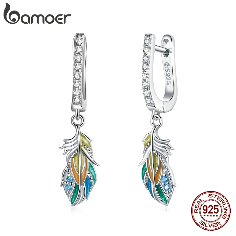 bamoer Silver Colored Feather Earring 925 Sterling Silver Colorful  Unique Ear Buckles Women Jewelry Original Design BSE485