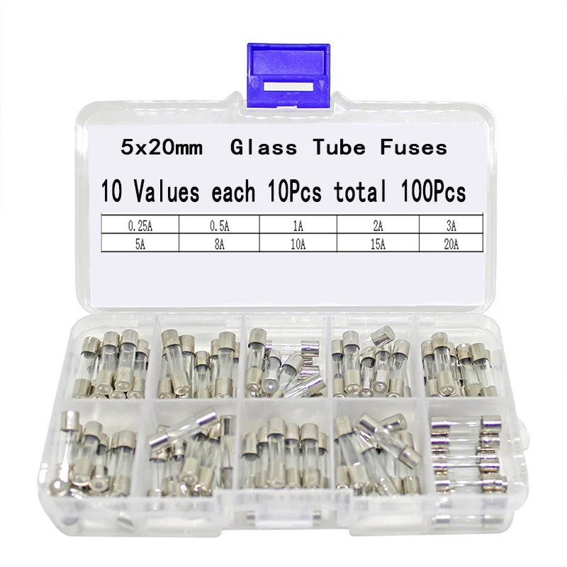 100Pcs/Box 5*20MM Fuses 3.15A Fast Quick Blow Glass Tube Fuse Kit 250V 3.15A 10Values*10pcs=100PCS