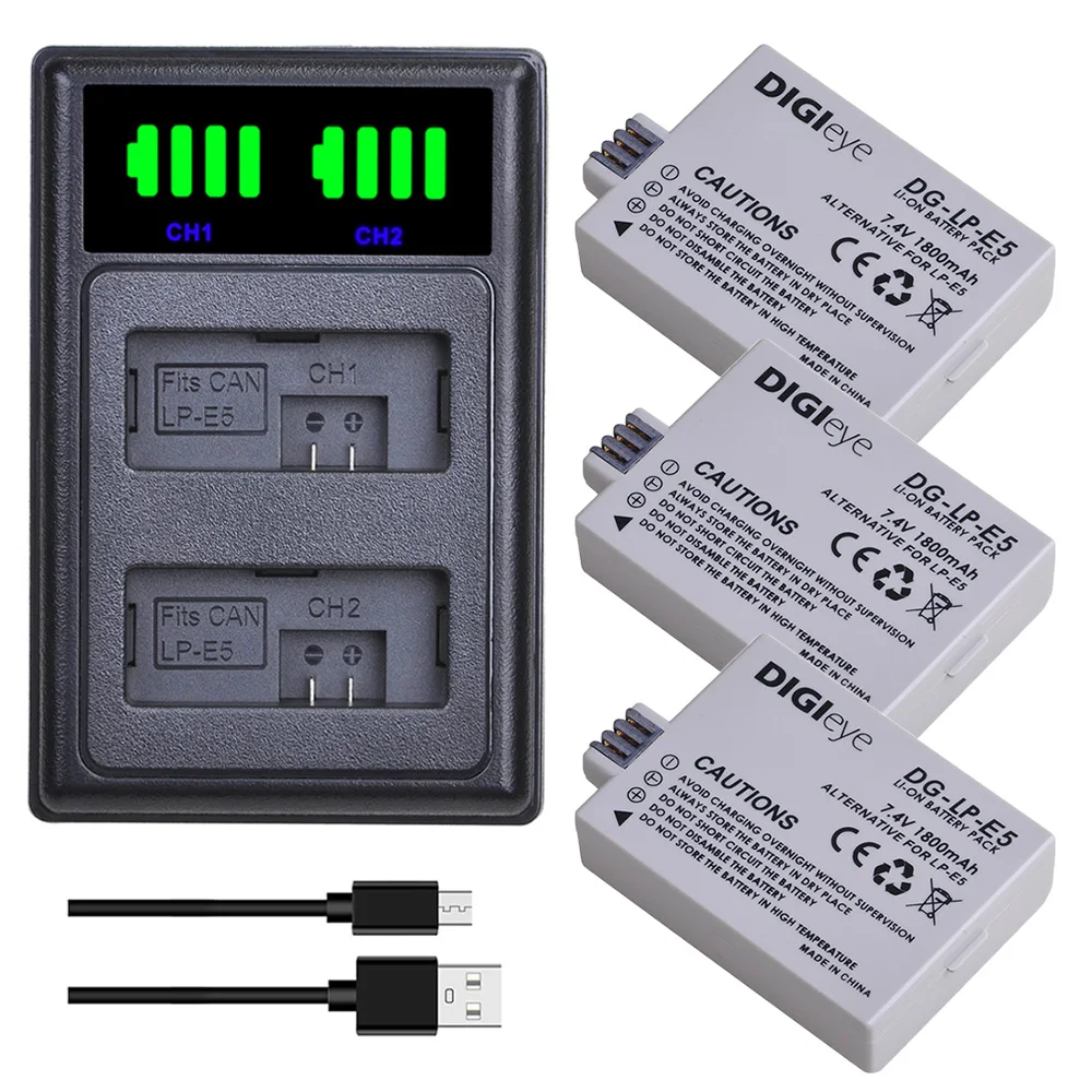 1800mAh סוללת LP-E5 LPE5 / מטען LED TypeC עבור Canon EOS Rebel XS, Rebel T1i, Rebel XSi, 1000D, 500D, 450D, Kiss X3,X2,F