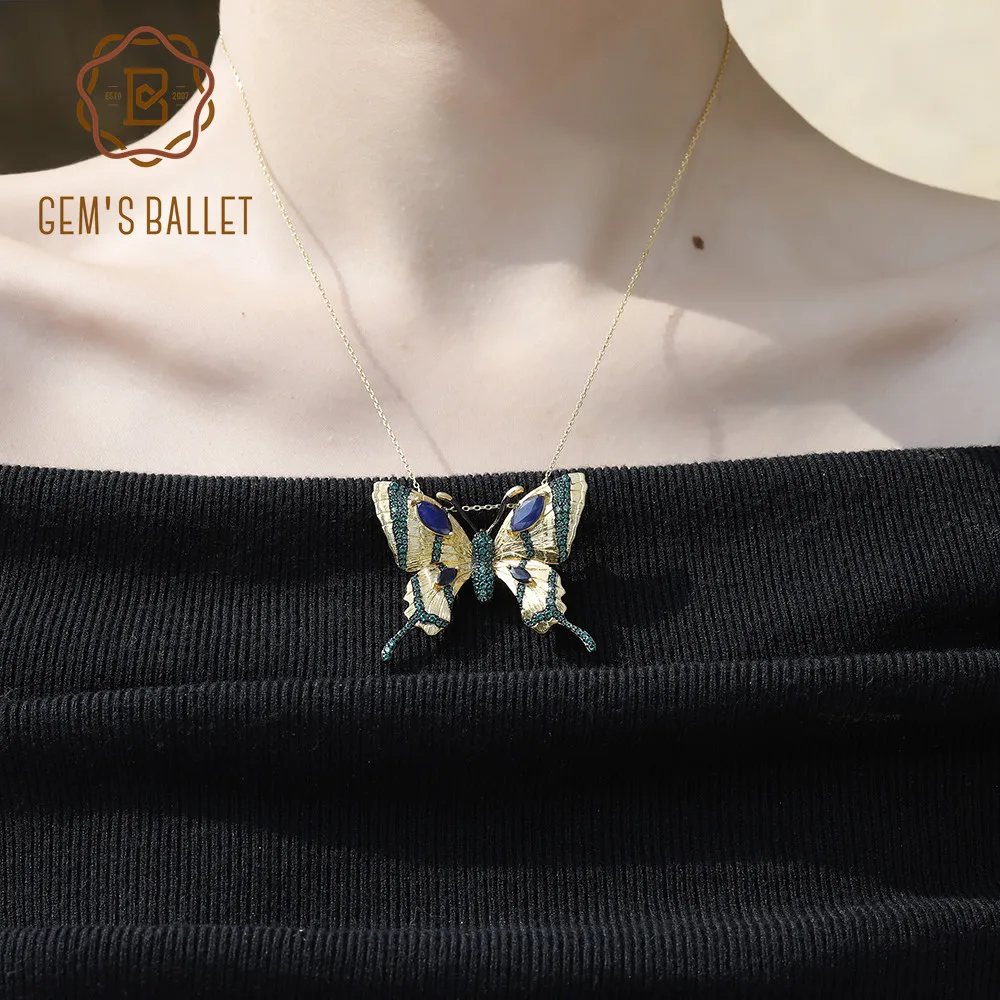 GEM'S BALLET Original 3.6Ct Natural Sapphire Butterfly Pendant Brooch Handmade 925 sterling silver Pendant For Women jewelry