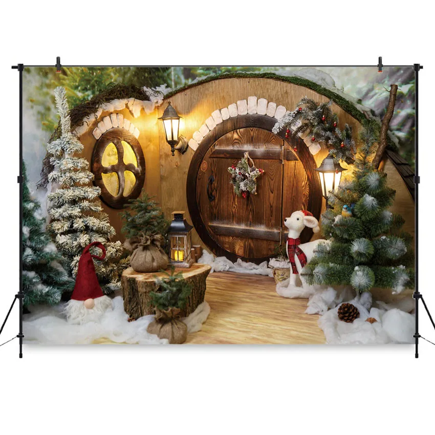 

Mocsicka Christmas Backdrop Kids Wooden House Model Photography Props Snow Tree Background for Photo Studio