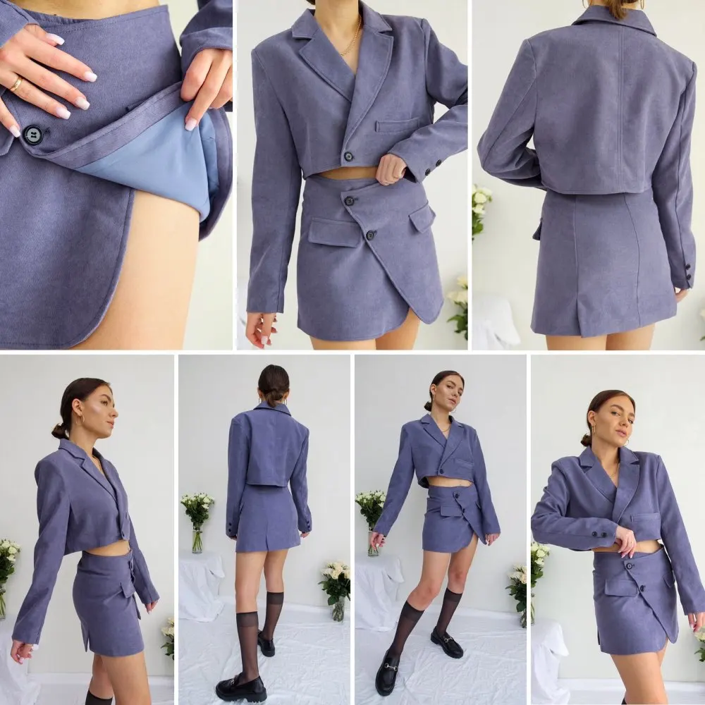 Vintage Sexy One Button Short Women Corduroy Blazer High Waist Irregular Cross Slit Mini Skirt Long Sleeve Suits 2 Pieces Set