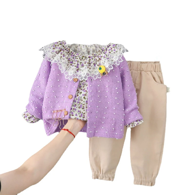 Baby Girls Outfits 2022 Spring Autumn Children Clothing Sets 3 Pieces Toddler Infant Coats Lace Shirt Pants Kids Casual Clothes