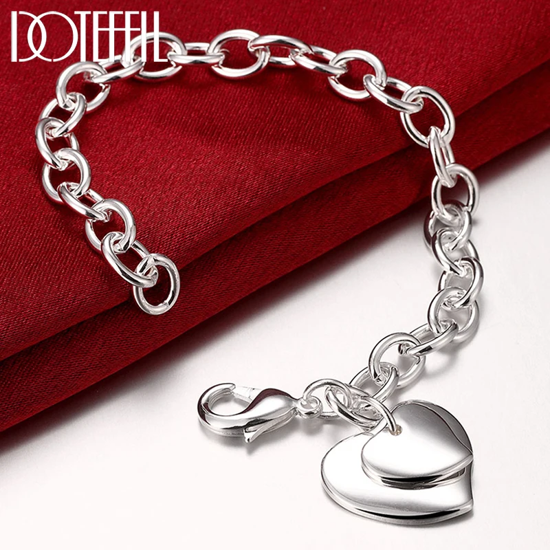 DOTEFFIL 925 Sterling Silver Double Heart Pendant Bracelet For Woman Charm Wedding Engagement Fashion Party Jewelry