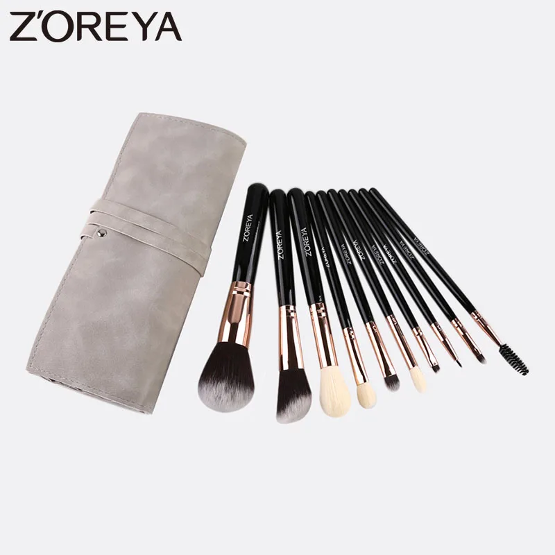 ZOREYA 10Pcs Makeup Brushes Set Black Super Soft Synthetic Hair Make Up Tools Powder Foundation Eye Shadow Eyelash  Beauty kits