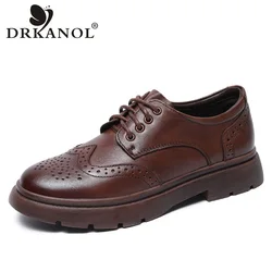 DRKANOL 2024 New Handmade Retro Women Flat Shoes Spring Real Cow Leather Lace-up Brogue Shoes Ladies Flat Heel Oxford Shoes