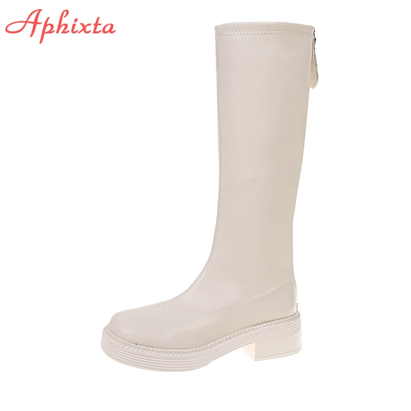 Aphixta stivali lunghi da donna invernali scarpe con Zip in pelle per donna tacco quadrato piattaforma moda femminile tacco alto Botas Mujer