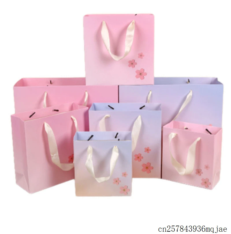 

100Pcs Gradient Flower Gift Bags Paper Shopping Gift Tote Bag Clothing Packaging Bag Paper Candy Box