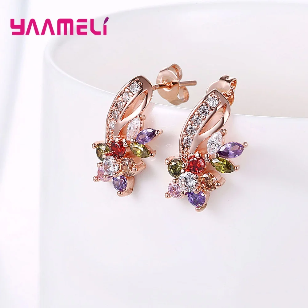 Luxury Rose Gold Color Multicolor Cubic Zirconia Stud Earrings for Women Bridal Wedding Party Ear Piercing Jewelry Gifts