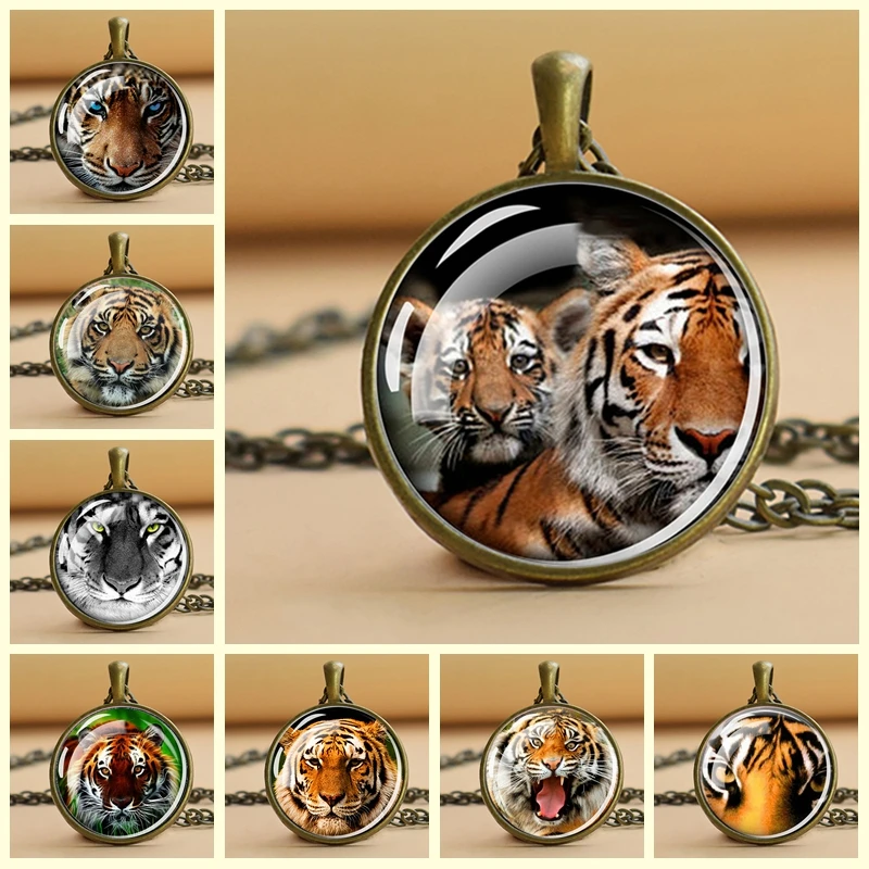 

Fashion Tiger Lion Necklace Glass Cabochon Pendant Tiger Head Necklaces Animal Jewelry Christmas Gifts for Men