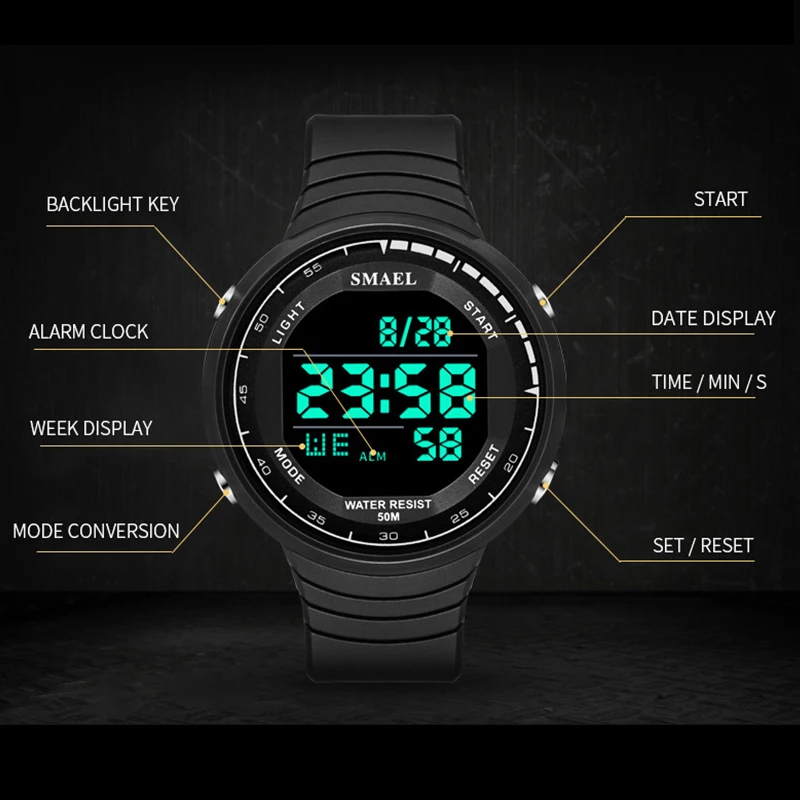 Men Watches Digital 50M Waterproof SMAEL Sports Wristwatches Stopwatch Alarm Clock Male Auto Date 1925 Military Digital Watch