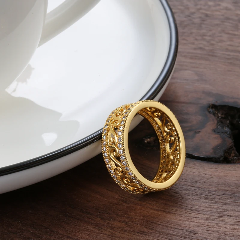 Kinel New Arrivals 18K Real Gold Ring Double Row Micro-wax Inlay Natural Zircon Hollow Rings Women Wedding Party Fine Jewelry