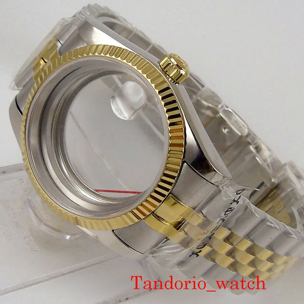 36mm Stainless Steel Watch Case Fit for MIYOTA82 ETA2836 Movement Sapphire Glass See-through Caseback Tow Tone Jubilee Bracelet