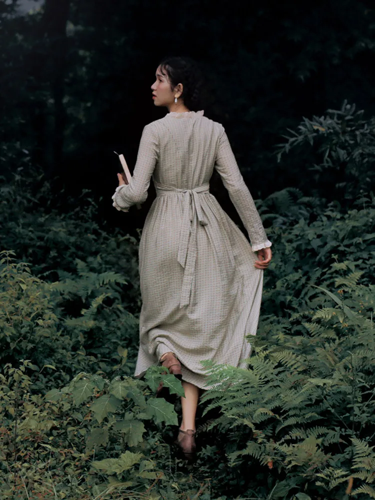 Women Autumn 2020 French Vintage Elegant SLim Lace V-Neck SLeeve Thick Long Dress clothes elbise robe longue femme vestidos