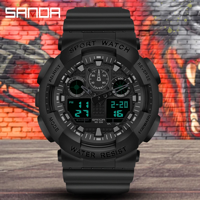 Top Brand Sanda Mens Women Watch Luxury Dual Dial Electronic Wristwatch Shockproof Waterproof Clock Led Light Watches New 2021