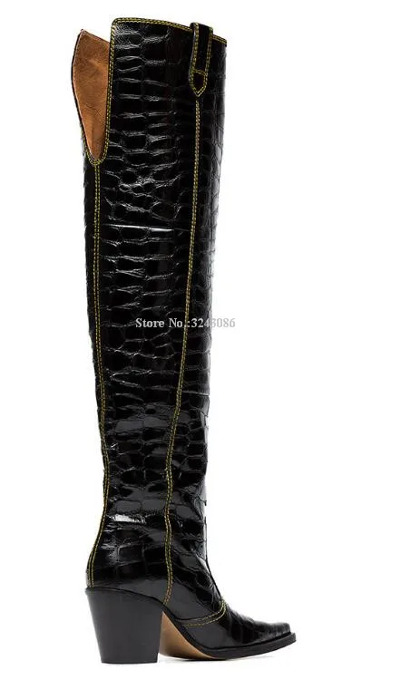 New Black Crocodile Print Chunky Heel Long Boots Women Square Toe Thick Heel Over the Knee Boots Lady Fashion Knight Boots