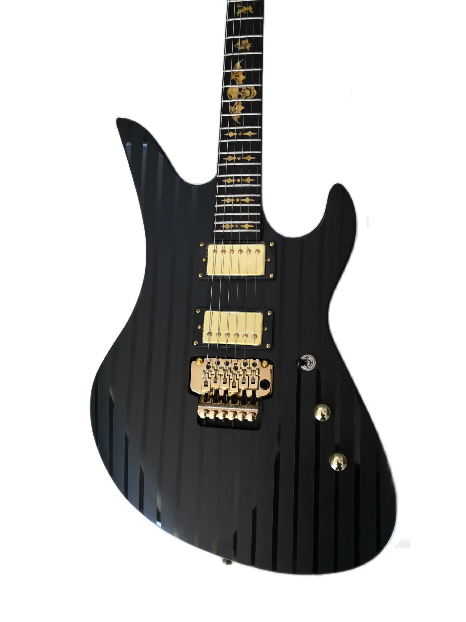 Matte Black Stripe Electric Guitar, 6 String Ebony Fingerboard, Gold Bat Inlaid with Gold Accessories