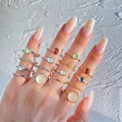 Korean Colorful Stone Rings Set for Women Girls Trendy Metal Chain Geometric Square Round Rings Jewelry Gifts 2021 Accessories