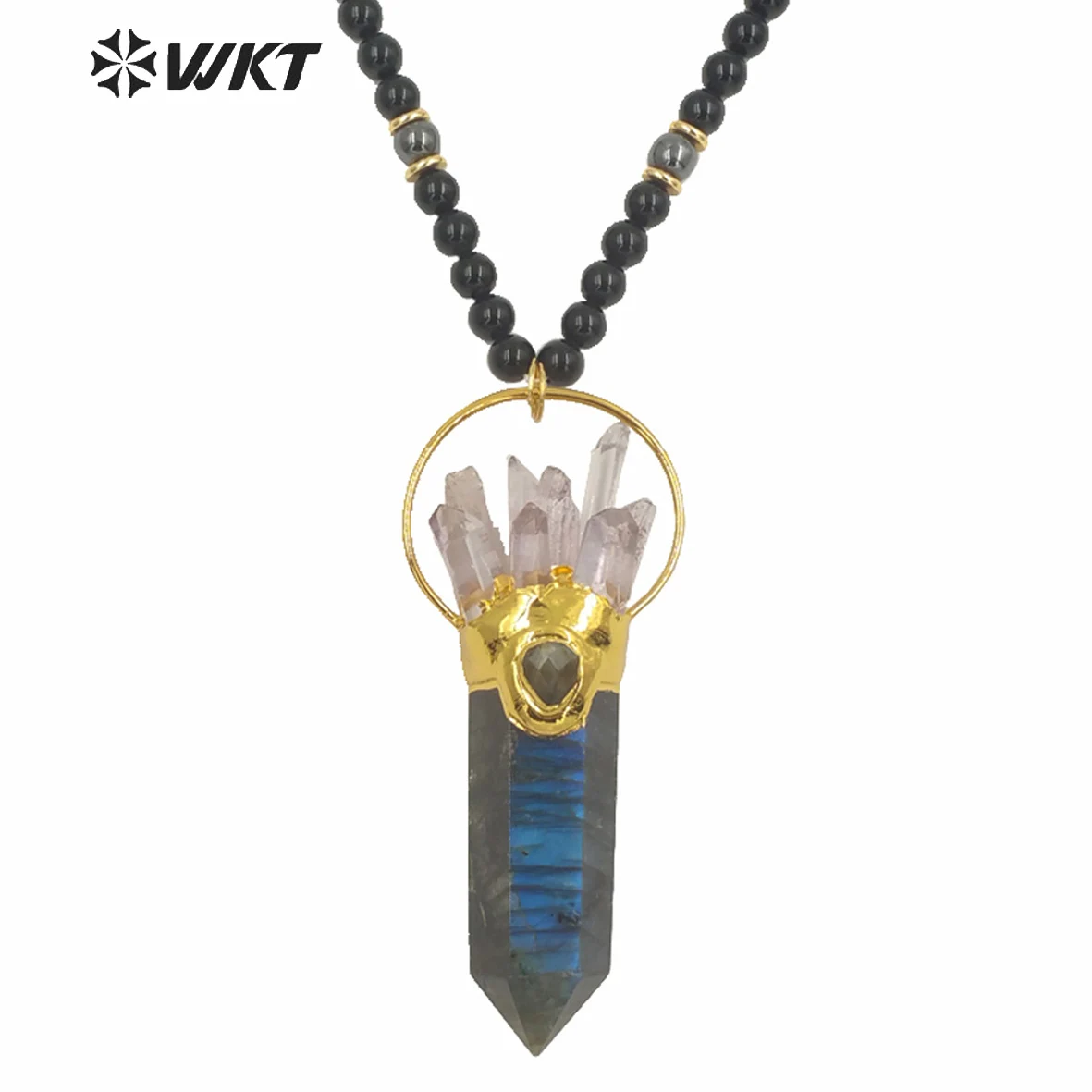 

WT-N1244 Women Fashon Big Hexagonal Cube Spirit Point Pendant Necklace Natural Labradorite Black Stone Statement Finding