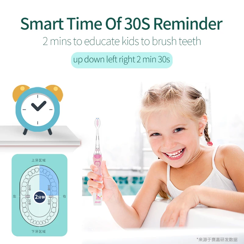 Seago Children\'s Electric Toothbrush LED Light Smart Reminder Replacement Nozzles Battery Supply Sonic Toothbrush for 3 Years+