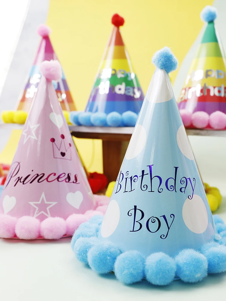 6pc Birthday hat children's adult party decoration hat pink blue Rainbow spring paper ball cap birthday party supplies hat