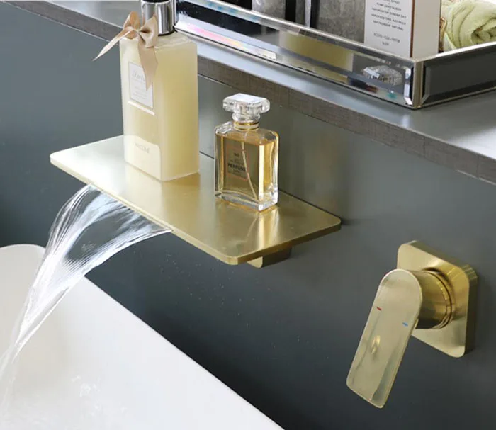 Bathroom Basin Faucets Solid Brass Brushed Gold/black Sink Mixer Tap Hot & Cold Lavatory Crane In-Wall Mounted Waterfall Faucet