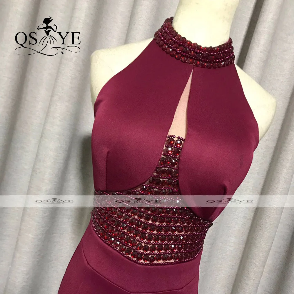 Robe de soirée de forme sirène, tenue de bal élégante, col licou, couleur bordeaux, taille de perle, extensible, bon marché, Sexy, fendue, pour femmes