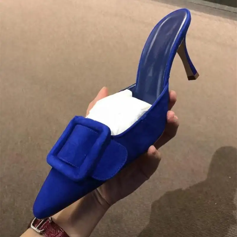 Fashion Street Square Buckles Mules Luxury Designer High Heels Pointed Toe Ladies Pumps Blue Red Scarpin Bridal Shoes Slingback