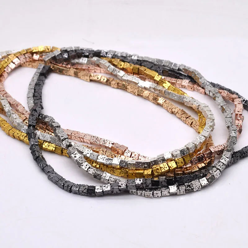 4mm Plating Gun black Natural Stone Beads Square Rock Lava Beads loose Space Bead For Jewelry Making DIY Bracelet Necklace
