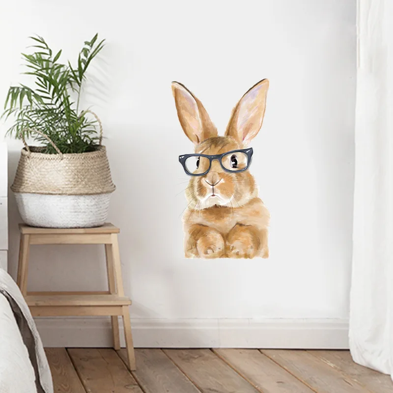 Cartoon Glasses Bunny Wall Sticker Home Decoration Living Room Cupboard Decor Mural Self-adhesive Rabbit Kids Room Decor Decals