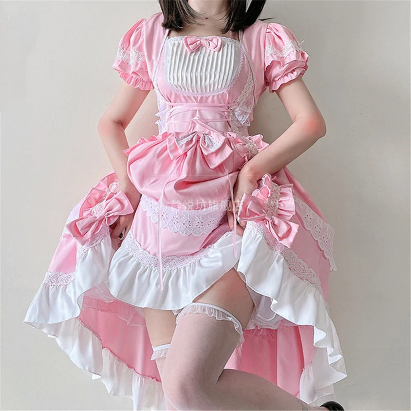 Women Lovely Maid Cosplay Costume with Removable Sleeves Bowknot Princess Tea Party Dresses Sweet Kawaii Jsk Lolita Dress