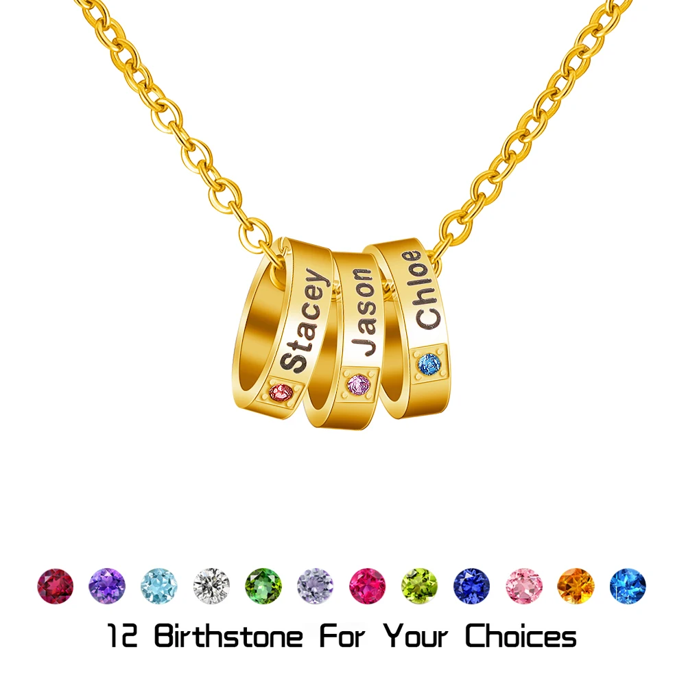 Personalized Family Names Birthstone Necklace Stainless Steel Names Loop Pendants Necklace Jewelry Gift