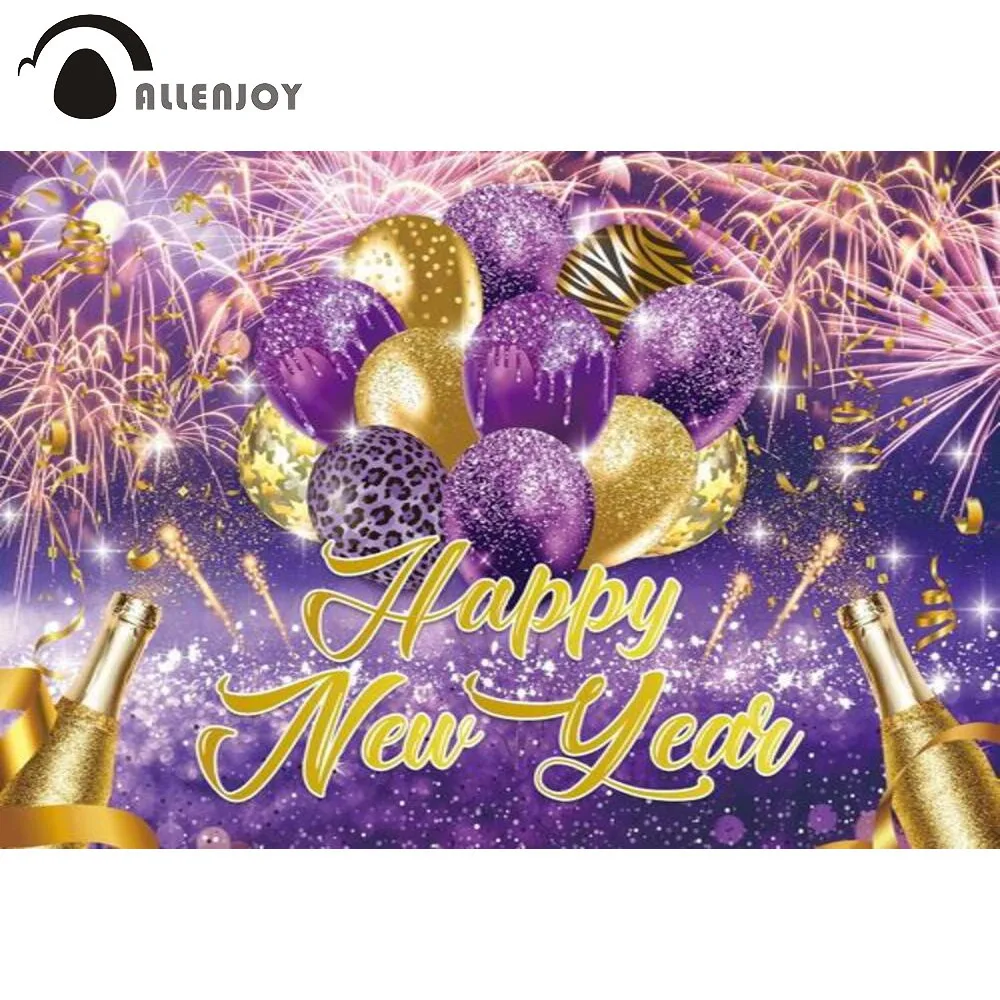 

Allenjoy Happy New Year 2022 Background Party Champagne Balloons Fireworks Purple Gold Dots Bokeh Ribbons Photozone Backdrop