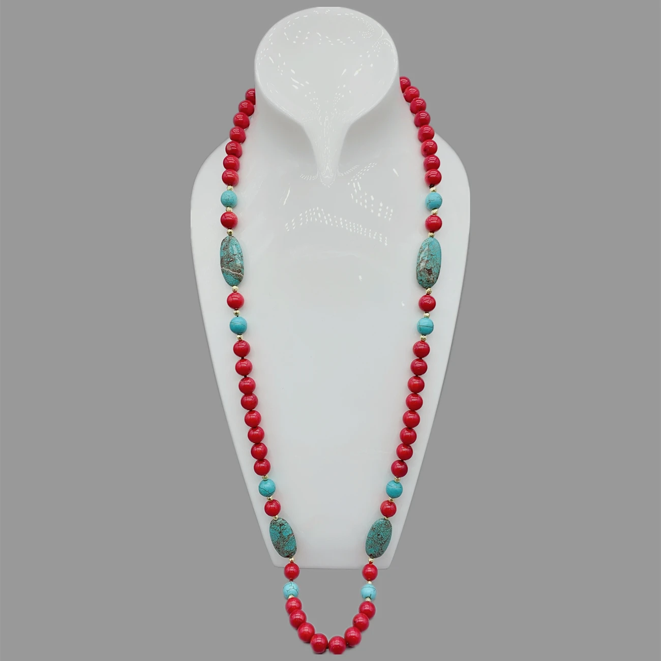 FoLisaUnique 10mm Red Coral Oval Turquoise Necklace For Women Birthday Gift Gold Filled Beads Long Necklace Casual Jewelry