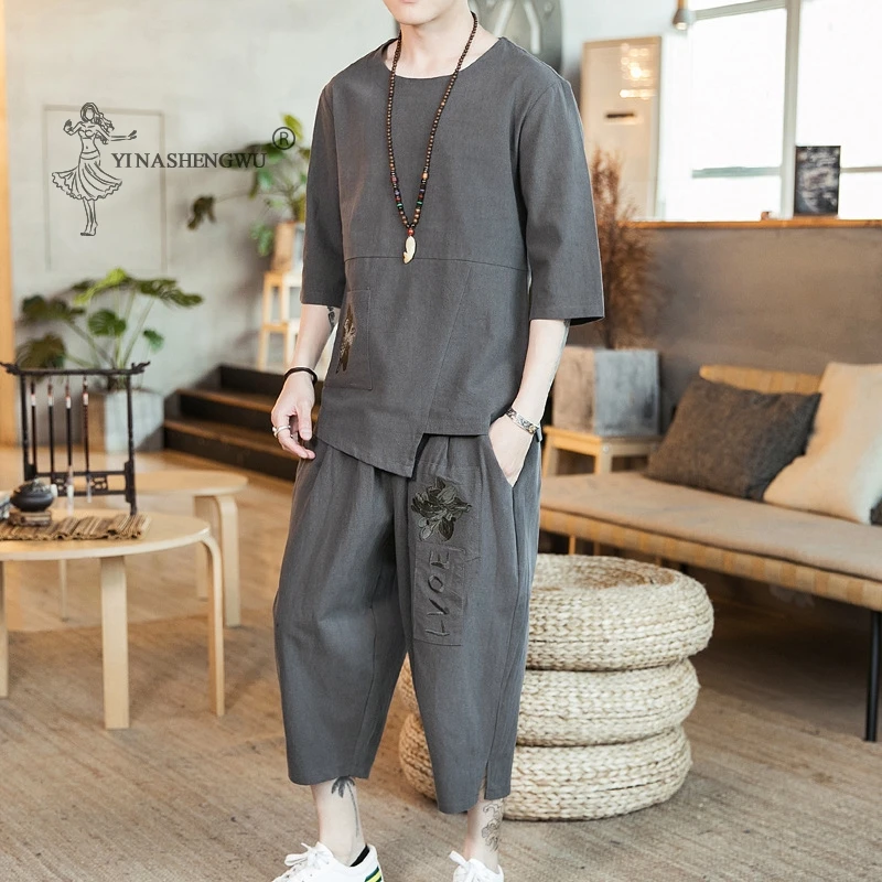 Japanese Kimono Embroidered Menswear Pants Short-sleeved T-shirt Suits Men Japan Printed Shorts Cardigan Harajuku Clothes Sets