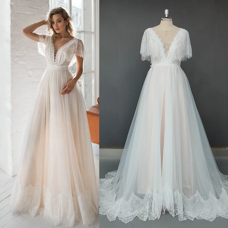 Robe de mariée en dentelle avec col en V profond, tulle à pois, sur mesure, manches courtes flottantes, coupe basse, dos nu, plage, robe de patients princesse Boho