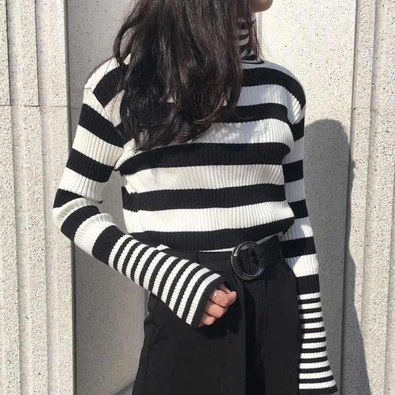 Turtleneck Women Striped Sweater 2021 Autumn Winter Korean Fashion Slim Pullover Basic Top Casual Soft Knit Sweaters Long Sleeve