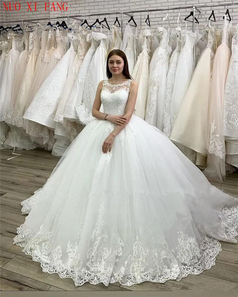 Princesa vestido de novia renda applique vestido de baile casamento 2022 árabe vintage plus size lantejoulas branco inchado tule nupcial