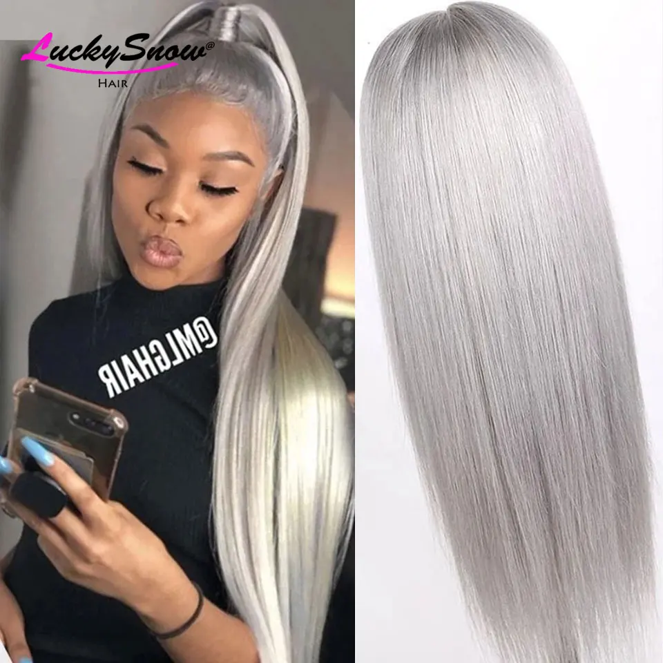 باروكة من شعر طبيعي برازيلي 100% رمادي طويل مستقيم جودة عالية 180 كثافة شفافة 13x4 باروكات أمامية من الدانتيل كوسبالي للنساء #4