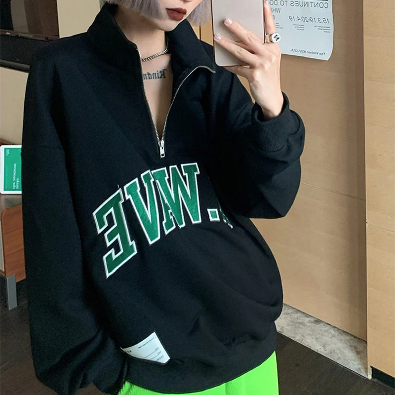 

Stand-up Collar embroidery Hoodies Sweatshirt Autumn Thin Letter Zipper Fashion Long Sleeve Loose Pullovers Streetwear